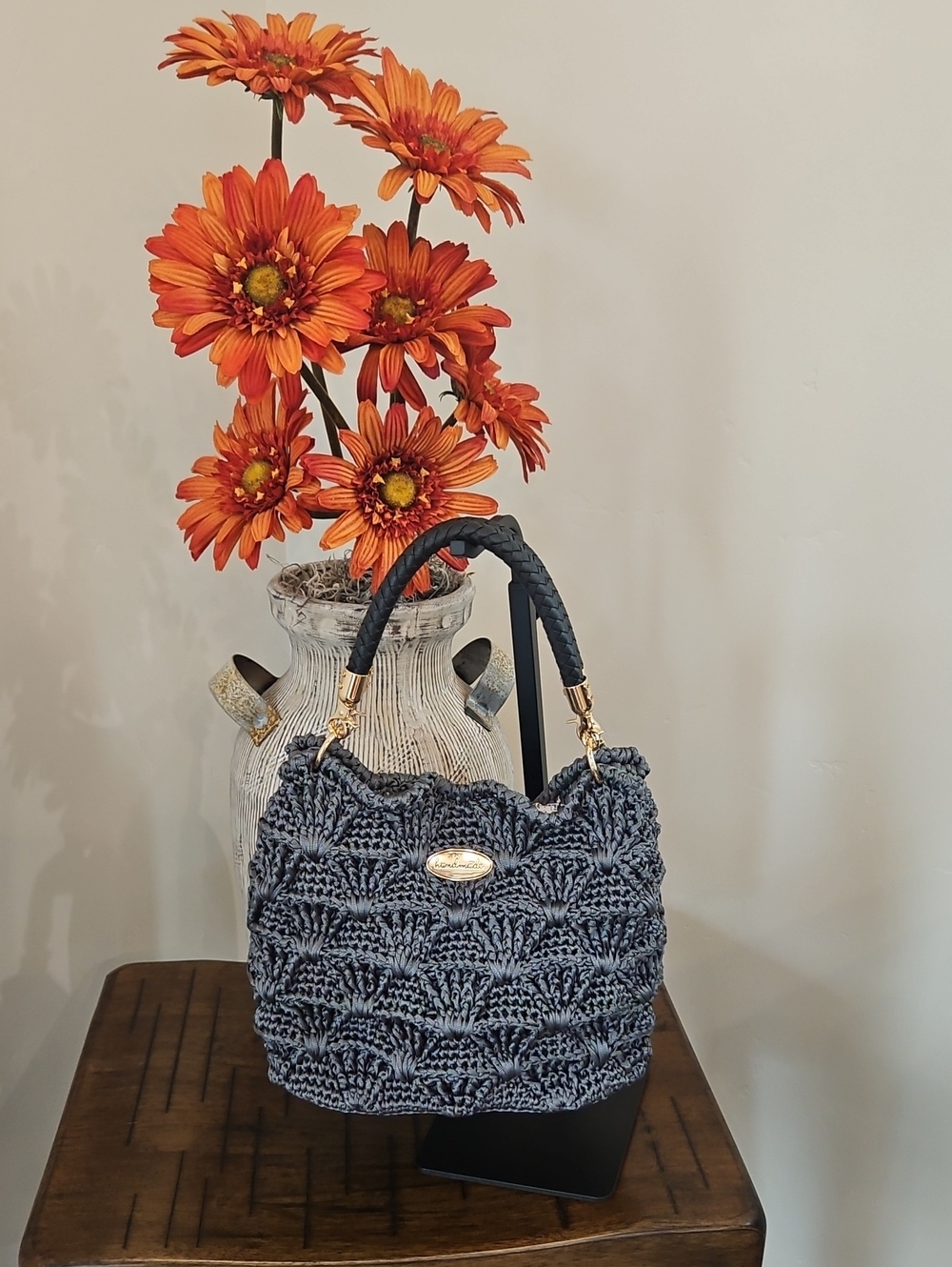 Hand Crocheted Gray Bag with Gold And Black Accents - Picture 1 of 4